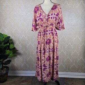 World Market Size S/M Pink Orange V-neck Maxi Dress Elastic Waist Bohemian Boho